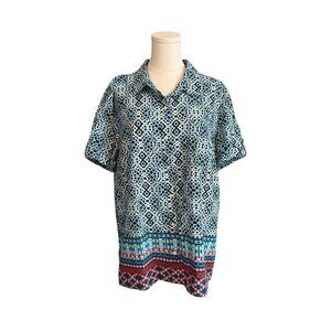 NEW Women's XXL East5th Blue Cotton Woven Short Sleeve Casual Button-Up Blouse